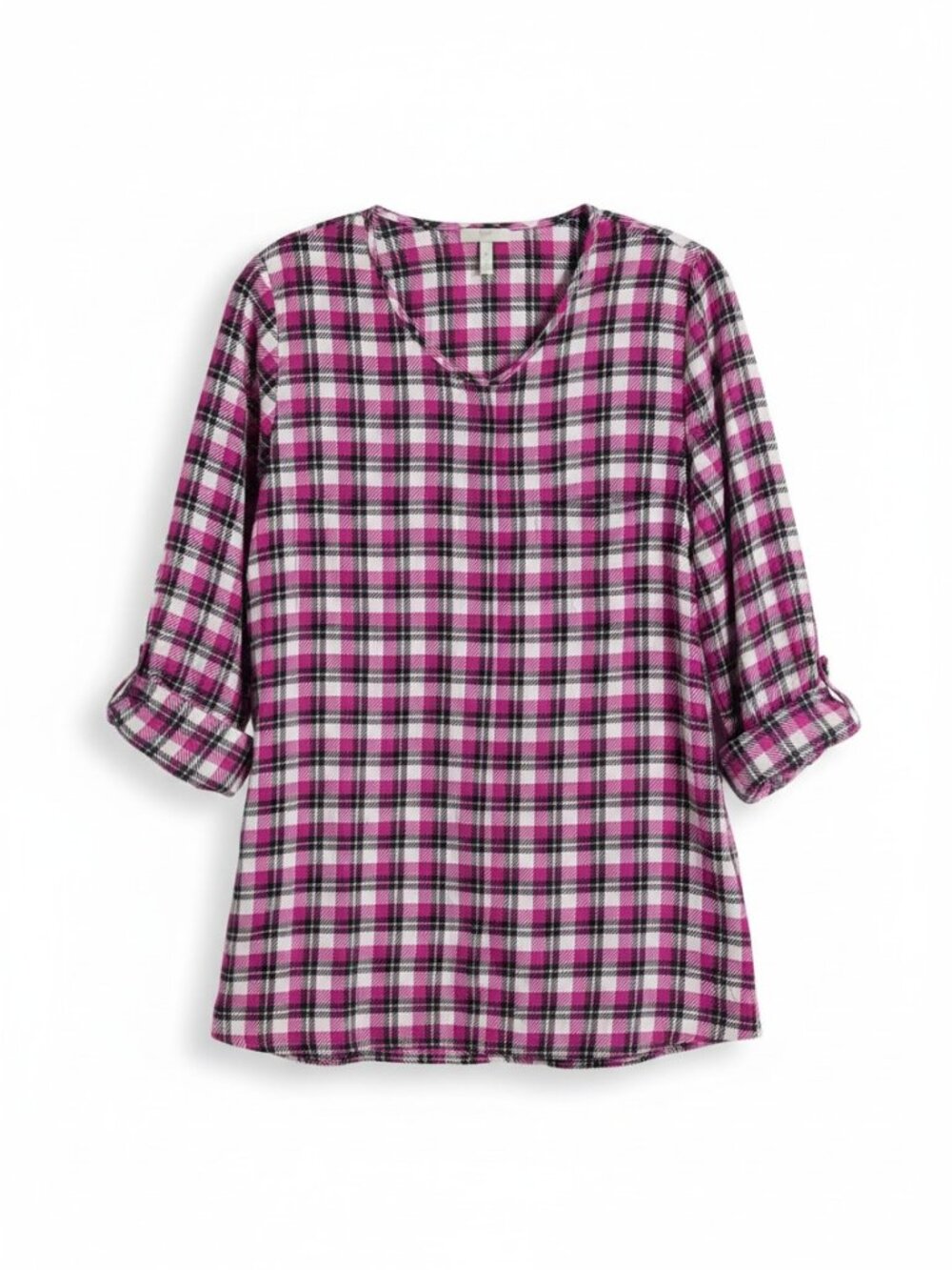 Joie Women’s Silk Pink Magenta Black White Plaid V-Neck Long Sleeve Blouse